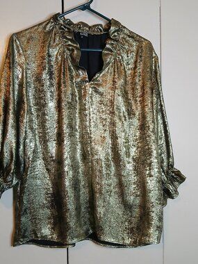 Lori Women's Small Gold Metallic Ruffled V-neck Blouse (0810N1)